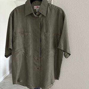 Stunt Collections Silk Vintage Olive Green Button-Up Short Sleeve Shirt
